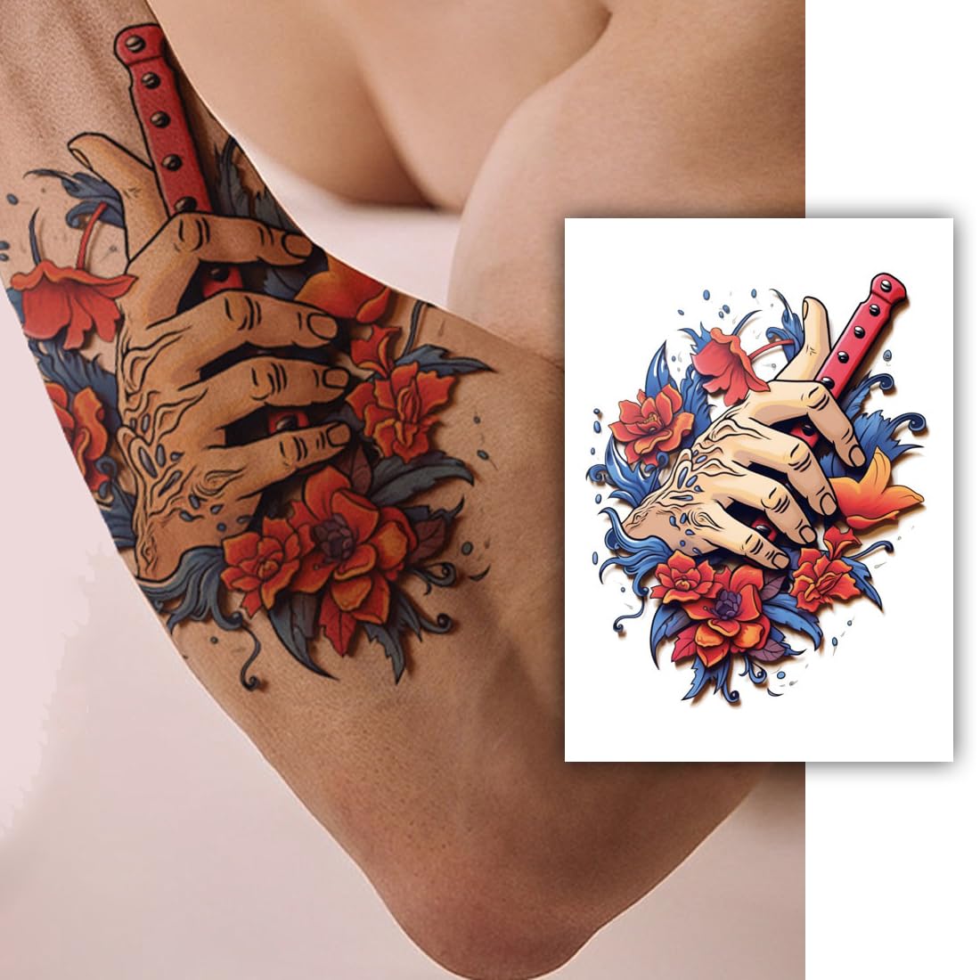 S.A.V.I Large Samurai Hand Dagger Floral Temporary Tattoo 21x11 cm – Waterproof Safe Non-Toxic Body Art Sticker, Long-Lasting Easy-Apply Fake Tattoo for Men & Women