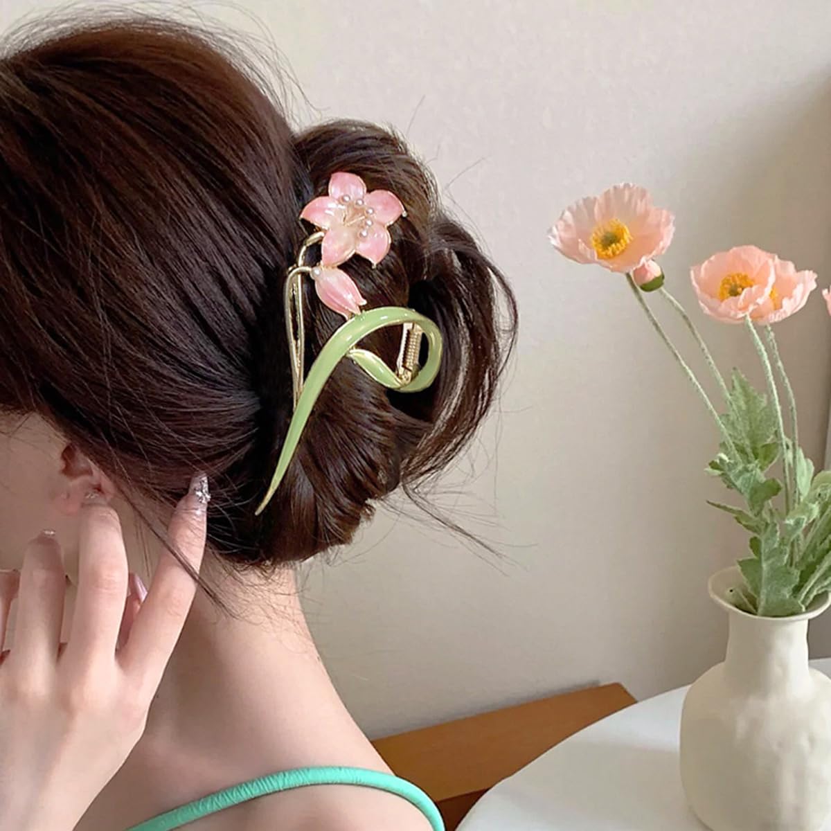 S.A.V.I Floral Hair Claw Clip for Women & Girls, Large 11 cm Strong Grip Clutcher, Green Pink Flower Design, Alloy Resin Hair Accessory for Daily, Party Styling
