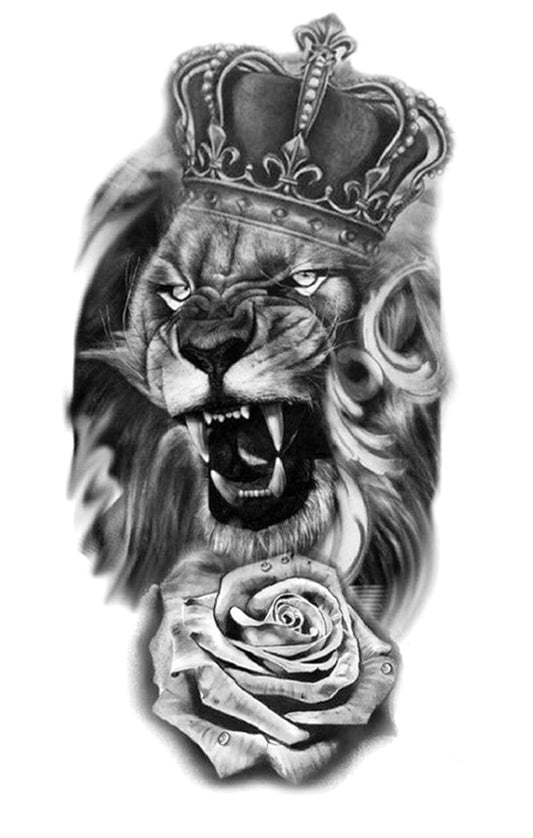 S.A.V.I Temporary Tattoo Stickers, King Lion Crown Rose Flower Tattoo Pattern For Men, Women, Tattoo For Hand Arm, Size 21x11cm - 1Pc.
