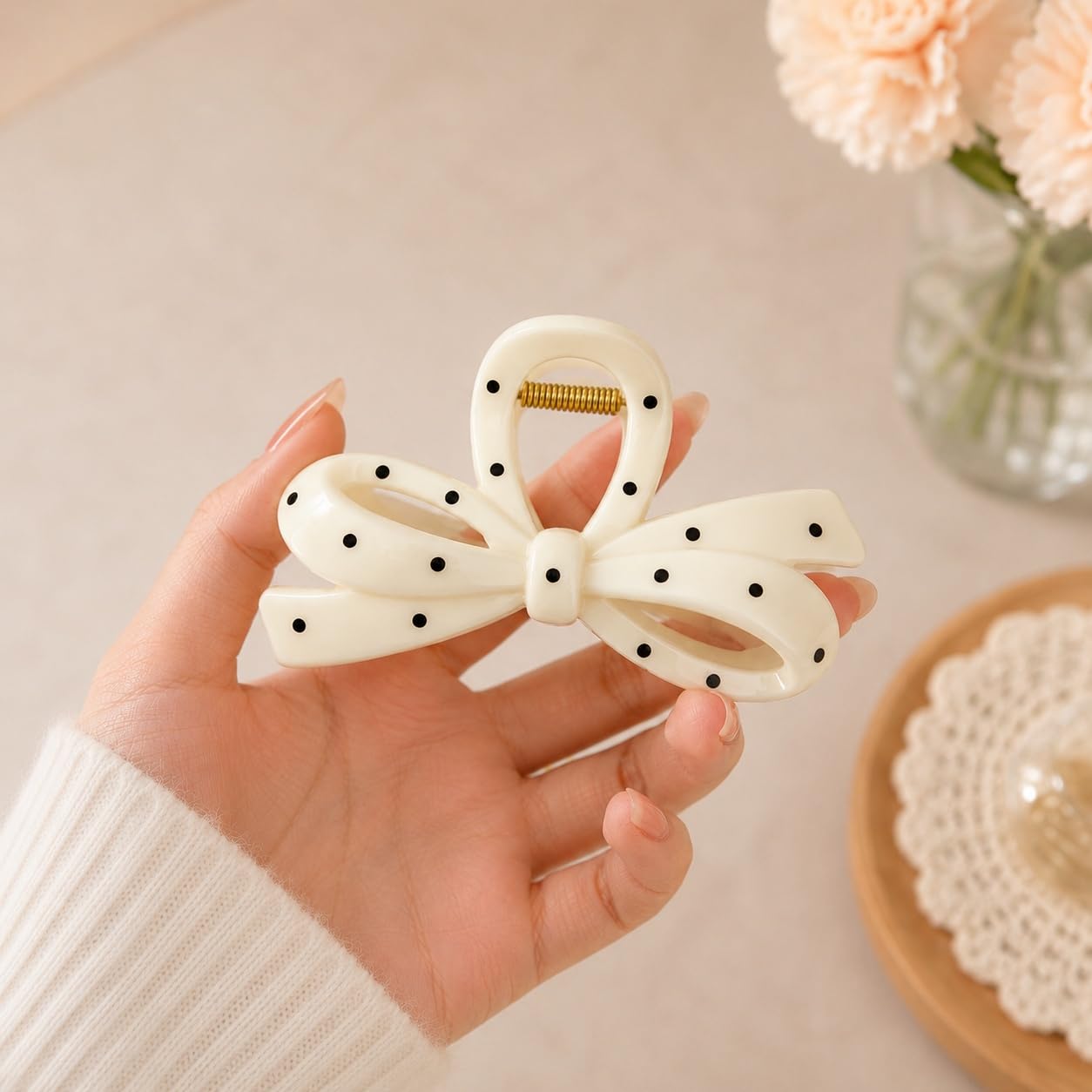 S.A.V.I Bow Hair Claw Clip Large Polka Dot Off White, 10.5 cm | Strong Acrylic Clutcher, Secure Hold, Thick Hair, Half & Full Updos, 1 Piece