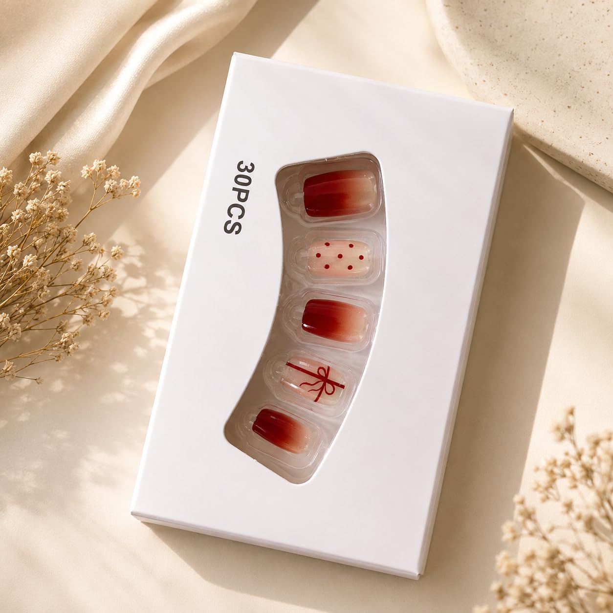 S.A.V.I Press-on Nails Short Cat Eye Red Nude Set of 30 | Bow & Polka Dot Design, Glossy Gradient Finish, Includes Glue & Adhesive, Reusable & Waterproof, DIY Manicure