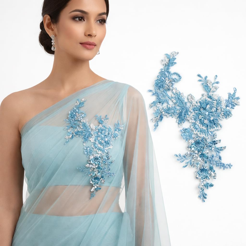 S.A.V.I Light Blue Floral Embroidered Sequin Applique Patch Sew-On, 25 x 29 cm Net Fabric with Leaf & Flower Design for Dresses, Gowns, Kurtis & DIY Fashion Accessories (Light Blue)