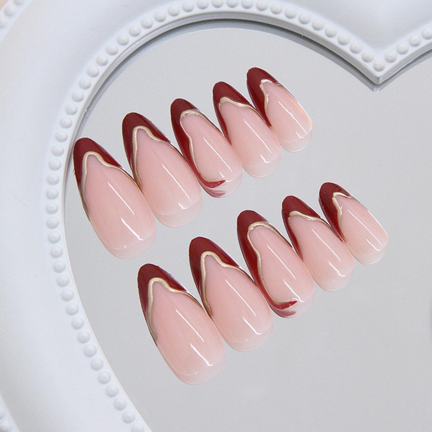 S.A.V.I 24 Pcs Reusable Press On Nails for Women, Long Almond Nude Pink with Wine Red Tips, 3D Gold Chrome Design, Glossy Acrylic False Nails Set, with Nail Glue & Adhesive Tabs
