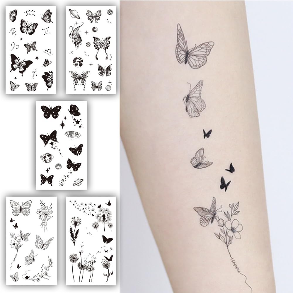 S.A.V.I 5PCS Temporary Tattoo Stickers - Black Butterflies  Cosmic Design, Waterproof, Realistic 10.5x6cm, Ideal for Girls  Women