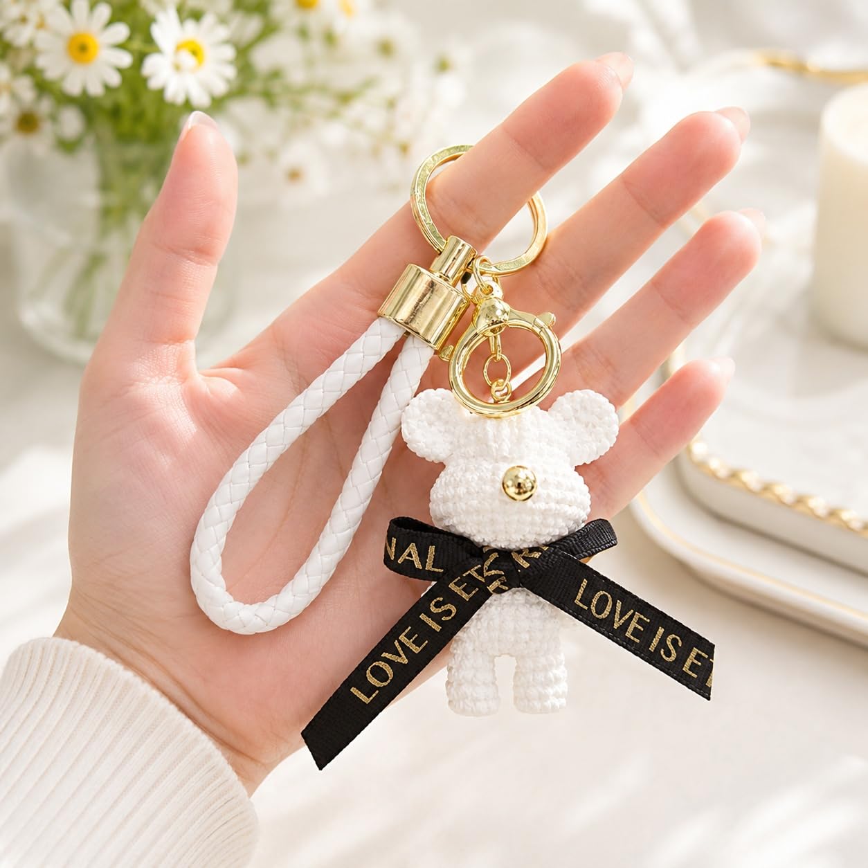 S.A.V.I Resin Teddy Bear Keychain Bag Charm for Women, White | 7 cm Size, Gold-Tone Hardware, Wrist Strap Included, Durable Build, For Backpacks & Purses