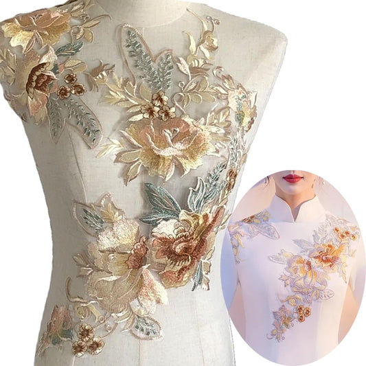 S.A.V.I 3D Floral Embroidered Applique Patch – Golden Beige Mesh Lace Fabric for DIY Bridal Dresses, Sarees, Lehengas, Blouses  Gowns – Large 54x38cm Sew-On Craft Embellishment for Wedding  Couture