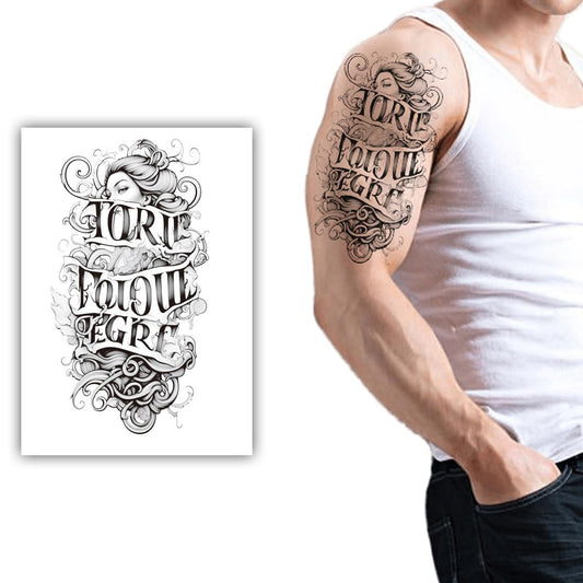 S.A.V.I Large Temporary Tattoo for Men 21 x 11 cm – Black Woman Face & Lettering Design – Waterproof Removable Non-Toxic Easy Apply Fake Body Art Sticker for Arm, Forearm, Shoulder – 1 Pc