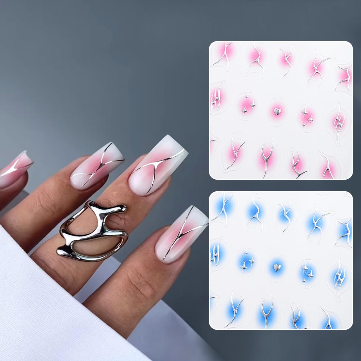 S.A.V.I 4 Sheets - 3D Self-Adhesive Nail Art Stickers | Blush Gradient with Metallic Silver Lines | Baby Pink, Hot Pink, Black & White | Heart & Abstract Designs