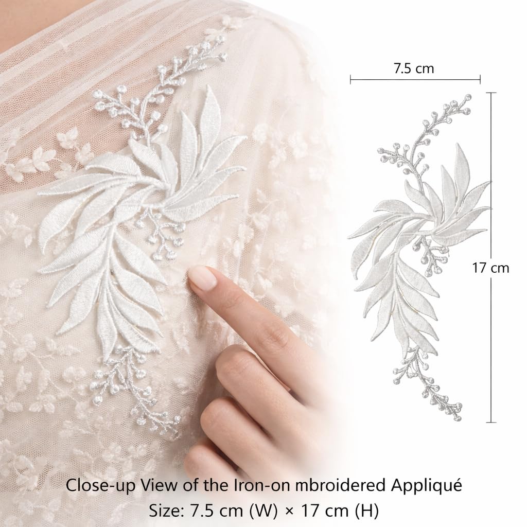 S.A.V.I White & Silver Floral Iron-On Embroidered Appliqué Patch 7.5 x 17 cm | Leaf Motif Threadwork Design for Dresses, Sarees, Blouses & DIY Fabric Craft (Left, White, 7.5 x 17 cm)