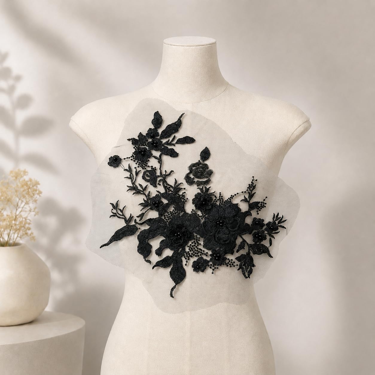 S.A.V.I Floral Embroidery Sew-On Applique Patch Black|36 x 25 cm Mesh Lace With 3D Beads for Dresses, Kurtas, Blouses, Gowns & DIY Outfit Customization