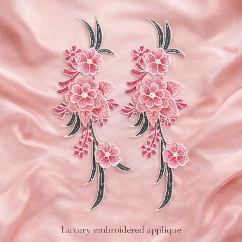 S.A.V.I Pair of Pink Floral Embroidered Sew-On Appliqué (12.5 x 33.5 cm) | Thread Embroidery on Net Fabric | Neckline Decorative Patches for Kurti, Gown, Blouse & Dresses (Pink)