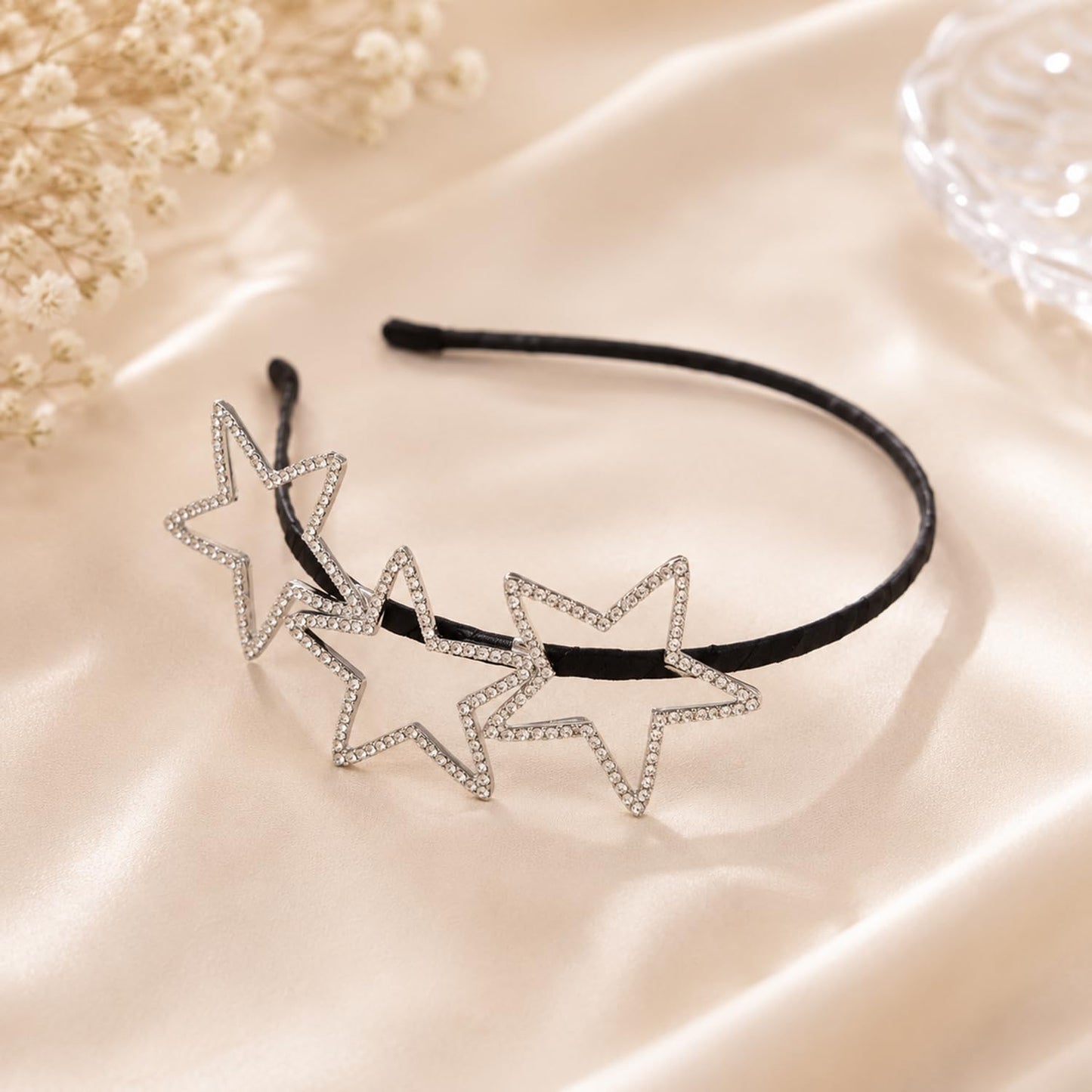 S.A.V.I Rhinestone Star Headband for Women & Girls, Black, Hollow-Out Crystal Design, Fabric Wrapped Band, 14 x 13 cm, Comfortable Fit for Party, Casual & Formal Wear