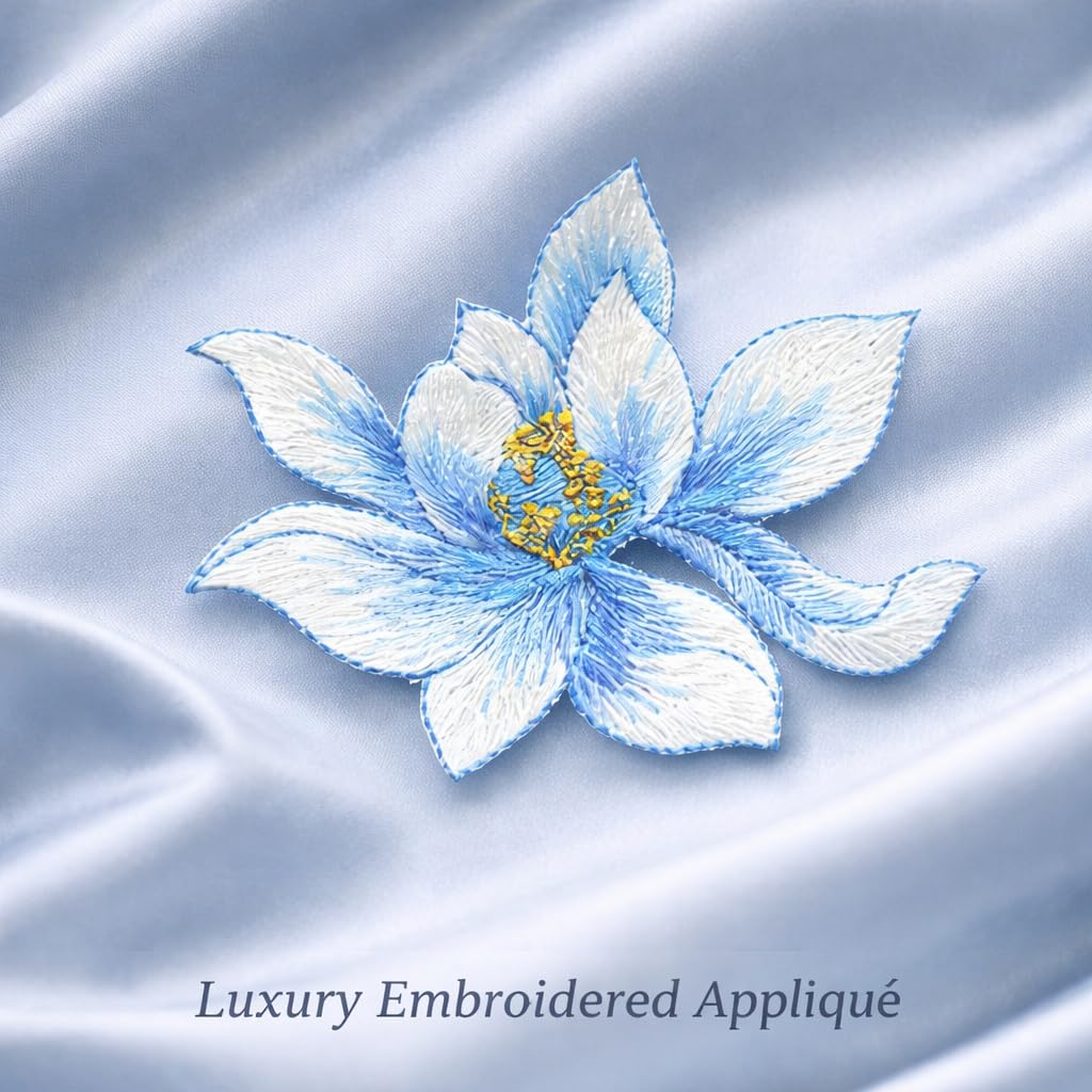 S.A.V.I Blue Lotus Flower Iron-On Embroidered Appliqué Patch 8.7 x 6.9 cm | Fabric Floral Motif for Dresses, Kurtis, Sarees, Blouses & DIY Garment Decoration (Blue)