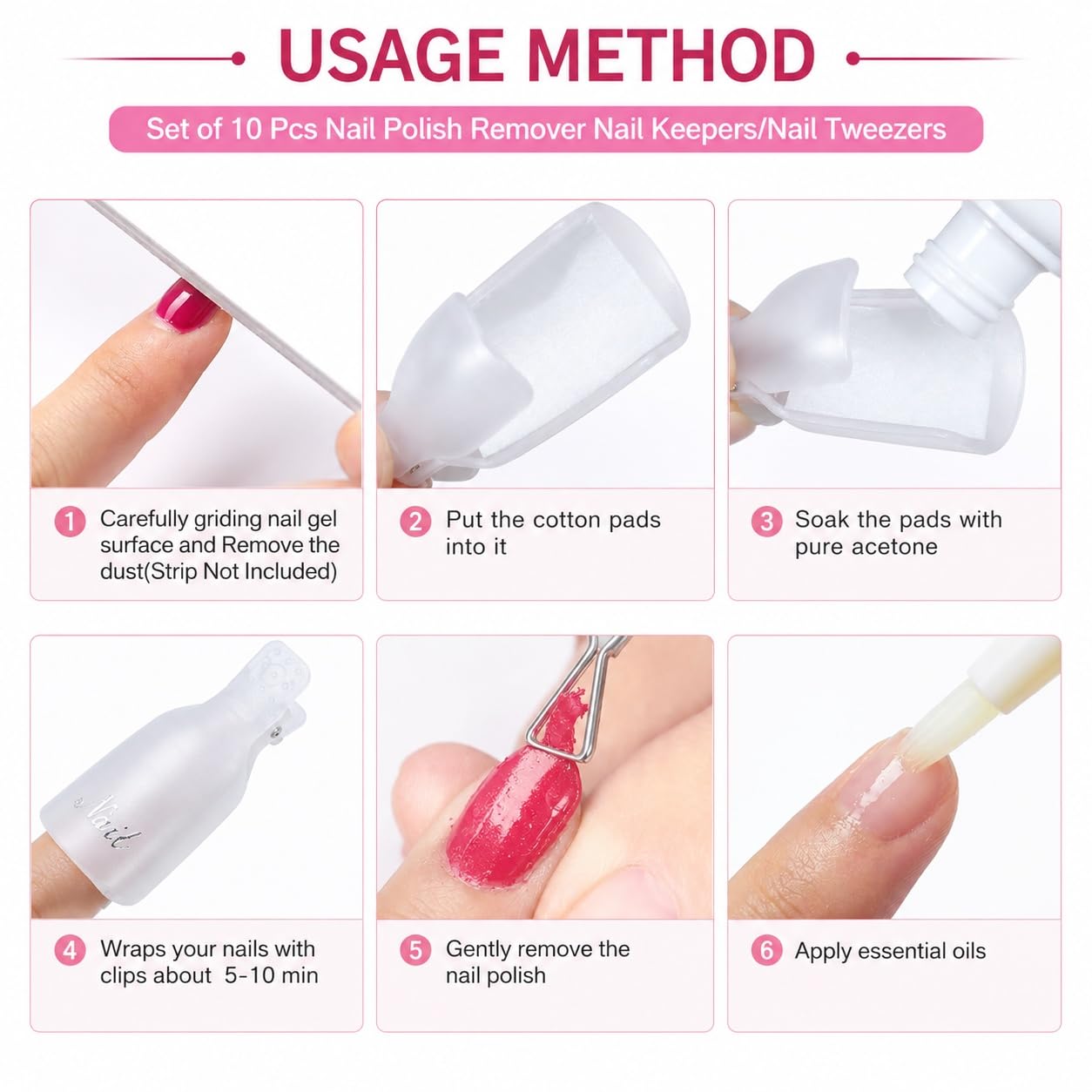 S.A.V.I Nail Polish Remover Clips Soak Off Caps Set of 10 | Reusable Acetone Wraps, UV Gel & Acrylic Use, Salon & Home Use, White Finger Covers, Manicure Tool
