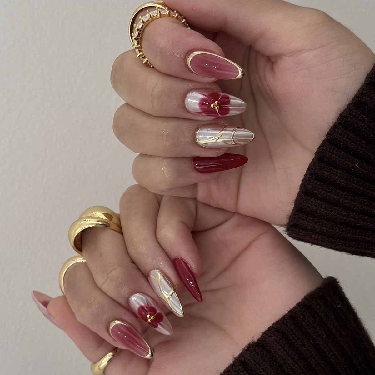 S.A.V.I 24 Pcs Reusable Press On Nails for Women, Long Almond Shape Nude & Red Gloss Finish, 3D Floral Gold Foil Design, Artificial Fake Nails Set with Glue & Tabs