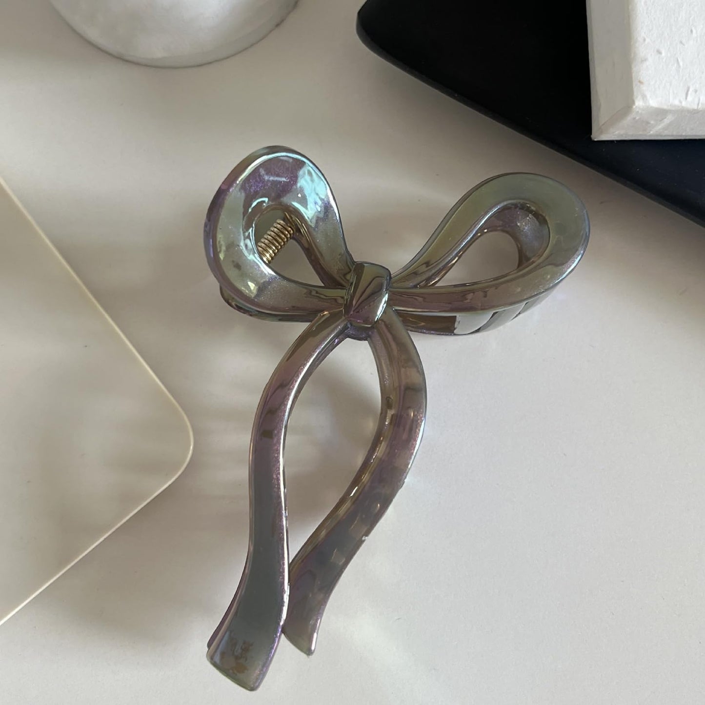 S.A.V.I Large Bow Hair Claw Clip for Women & Girls | 13 cm Jumbo Acrylic Hair Clutch | Mermaid Purple Iridescent Finish | Strong Grip Stylish Elegant Hair Accessory