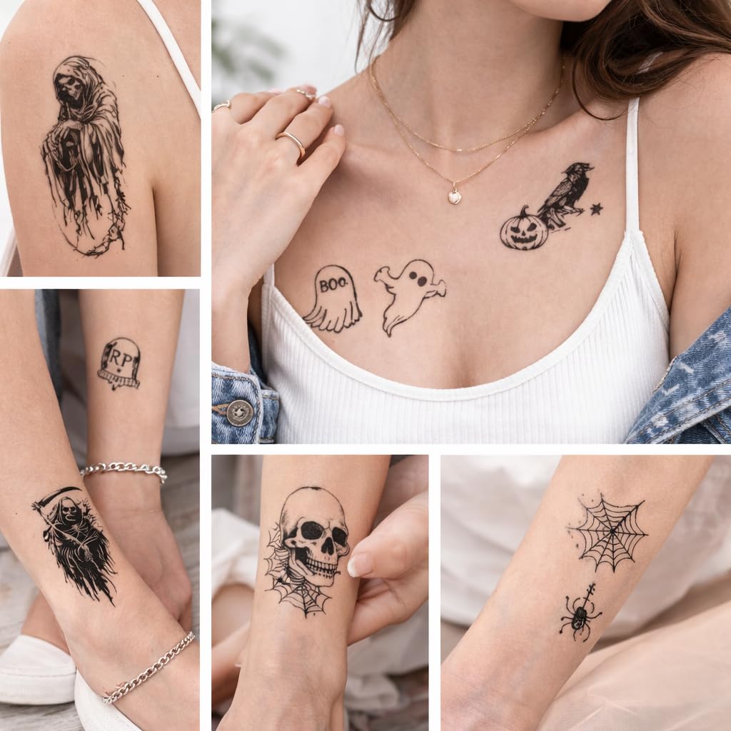S.A.V.I 30 Sheets Halloween Temporary Tattoos for Women & Kids – Waterproof Non-Toxic Body Art Stickers 5.7x9.7 cm | Skull, Pumpkin, Ghost & Bat Designs for Festival, Party Favors (#319)