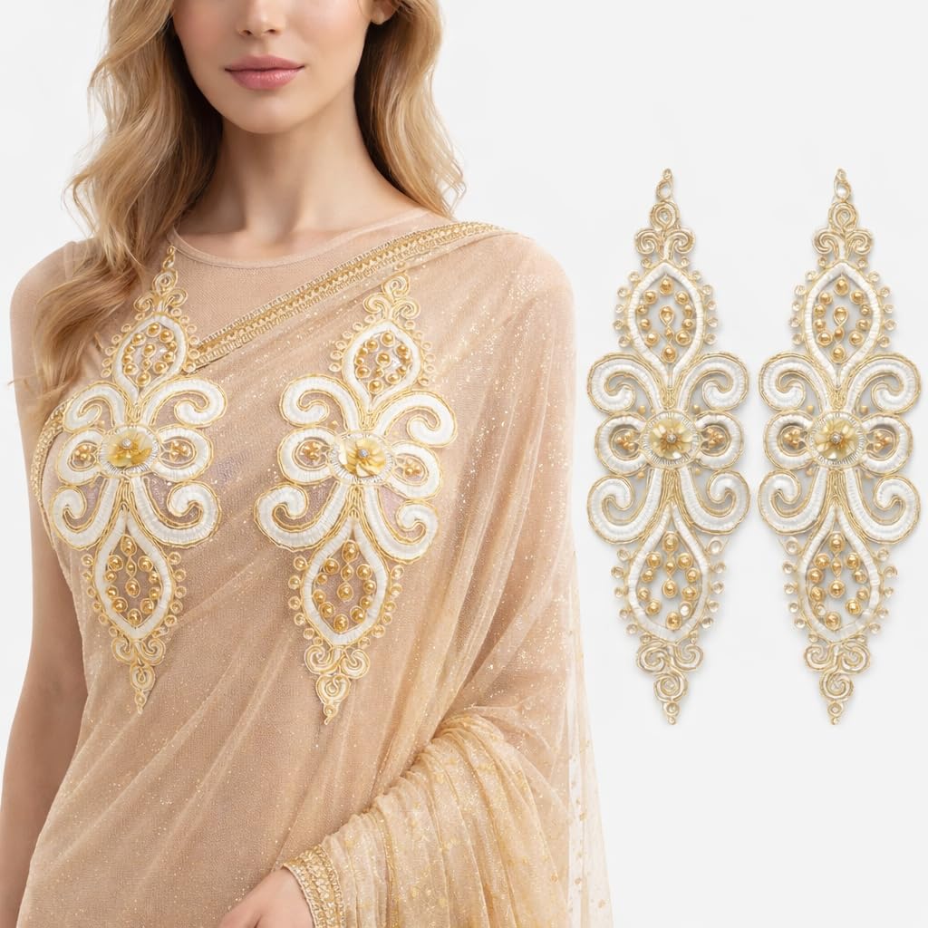 S.A.V.I Pair of White & Gold Floral Embroidered Sew-On Appliqué (11×35 cm) | Zardozi Beaded Threadwork Motif – Saree, Lehenga, Kurti & Blouse Neck Design (White-Gold)