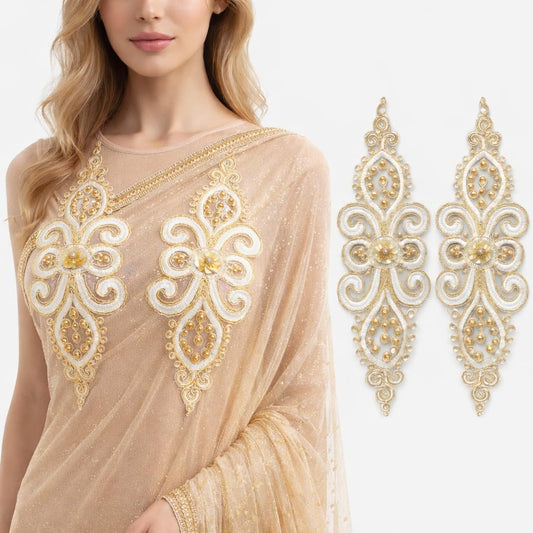 S.A.V.I Pair of White & Gold Floral Embroidered Sew-On Appliqué (11×35 cm) | Zardozi Beaded Threadwork Motif – Saree, Lehenga, Kurti & Blouse Neck Design (White-Gold)