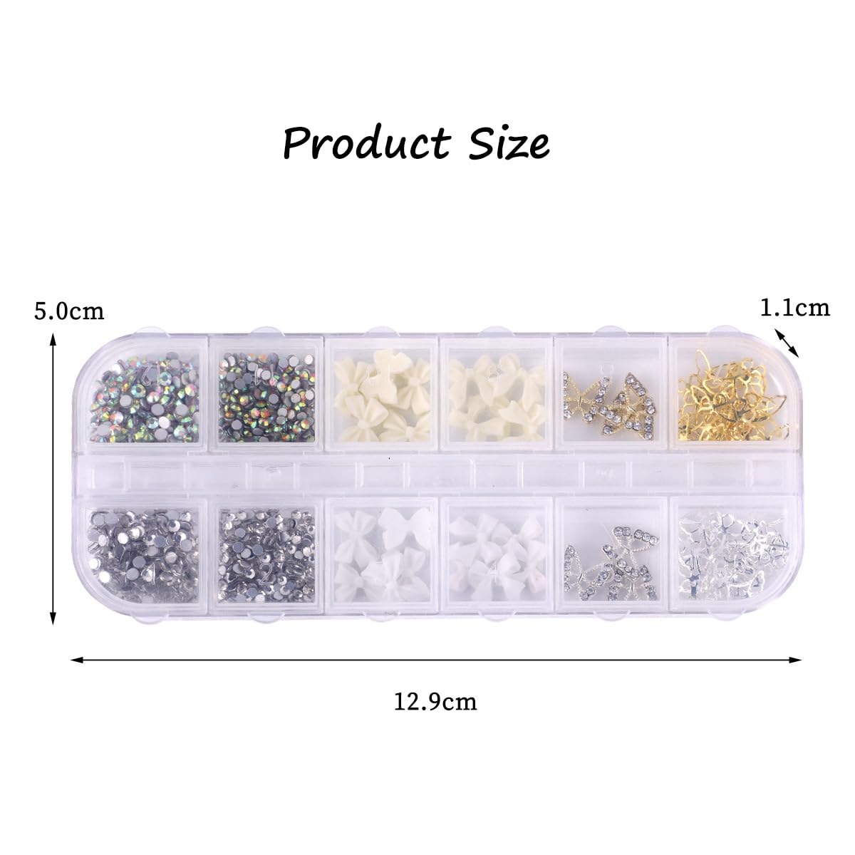 S.A.V.I 3D Nail Art Decoration Kit – 12 Section Box with White & AB Crystal Rhinestones, Bow Butterfly Designs, Flat-Back Glass Alloy Resin DIY Accessories, 31g