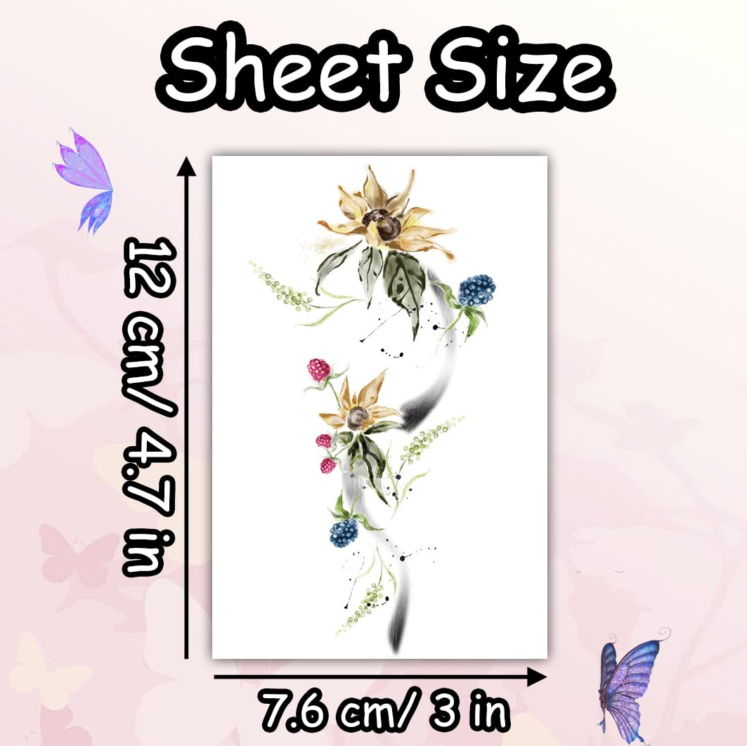 S.A.V.I Sunflower & Berry Floral Watercolor Temporary Tattoo 12 x 7.6 cm | Safe Non-Toxic Waterproof Skin Sticker | Long-Lasting Floral Body Art for Women & Girls – Arm/Shoulder/Collarbone – 1 Pc (47)