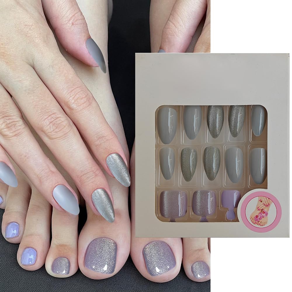 S.A.V.I 48 Pcs Cat's Eye Grey  Silver Press-On Nails Set | Medium-Length Almond Shape for Hands  Feet | Salon-Like Manicure  Pedicure Kit | Durable Fake Nails for Home  Party Glam