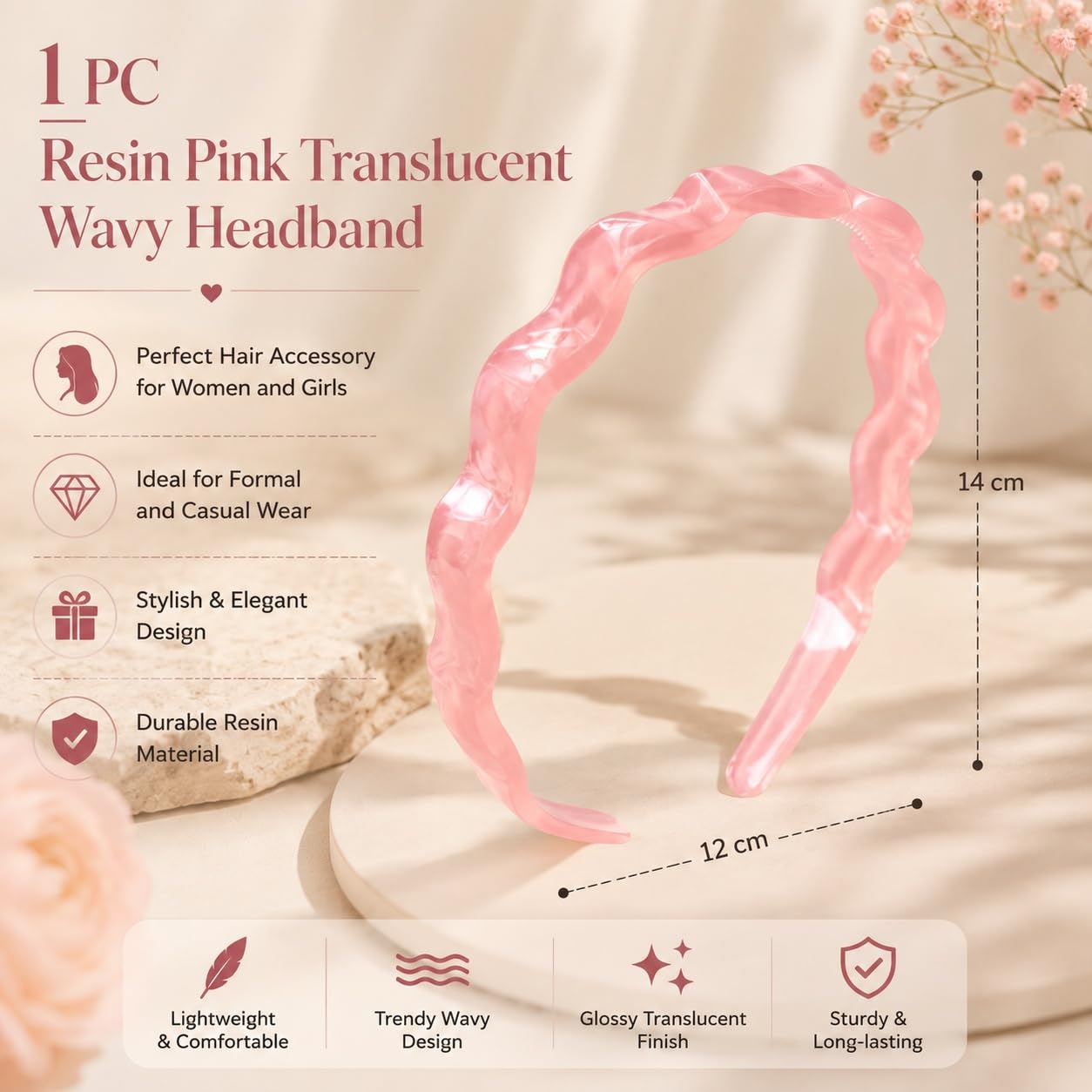 S.A.V.I Wavy Pink Resin Hair Band for Women & Girls 14 cm | Glossy Translucent Finish, Lightweight, Casual & Party, Comfortable Fit, Fashion Accessory