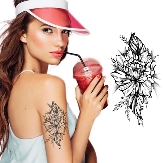 S.A.V.I Temporary Tattoo Stickers for Women, 1 Big Flower with Leaves, Black Color Fake Tattoos For Girls, Size -21x10CM