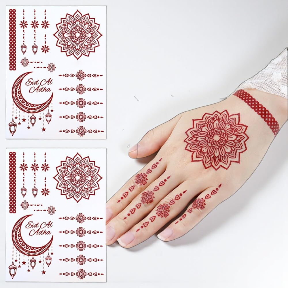S.A.V.I 2Pcs Natural Islamic Henna Mehndi Temporary Tattoo Stickers for Women – Crescent Moon, Mosque & Mandala Design, Waterproof Skin-Safe Transfer Body Art for Eid, Nikah & Festivals (#53)