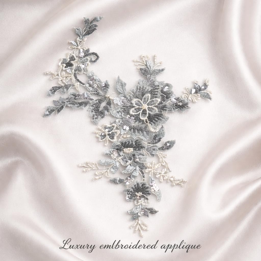 S.A.V.I Grey Floral Embroidered Applique Patch 25x29 cm | Sequin & Thread Work | Leaf Vine Design Sew-On Lace Motif for Blouse, Lehenga, Gown & Ethnic Clothes (Grey)