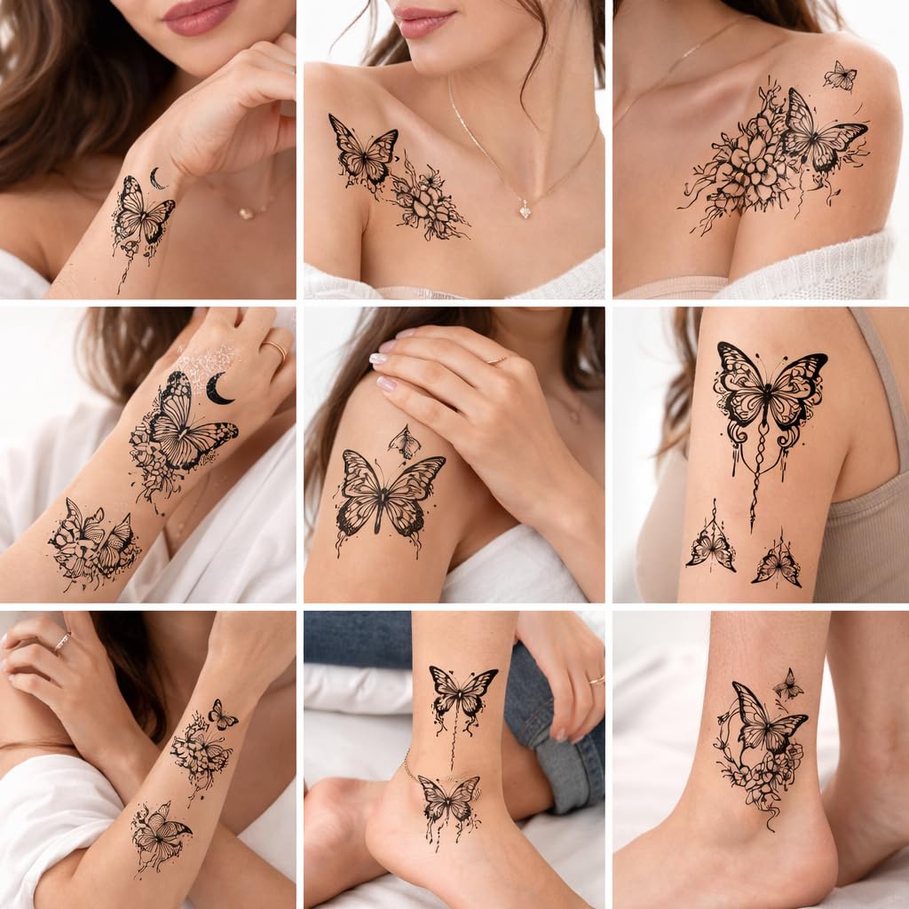 S.A.V.I Black Butterfly Floral Temporary Tattoo Stickers for Women & Girls, 10 Sheets 12x6.8 cm Large Waterproof Non-Toxic Body Art for Arm Wrist Shoulder Ankle Festival Party (#326)