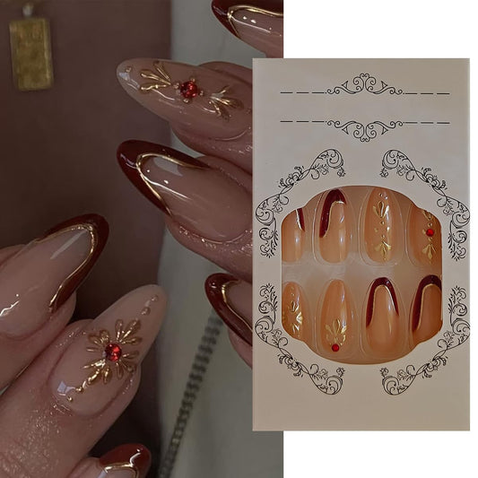 S.A.V.I 24 Pcs Long Almond Press On Nails for Women | Nude & Wine Red Glossy Acrylic False Nails | 3D Gold Chrome Art & Rhinestones | Reusable Stick-On with Glue Tabs