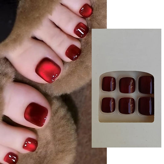S.A.V.I 24 Pcs Dark Red Cat’s Eye Toe Nail Tips – Short Natural Shape Press-On Nails for Toes | Glossy Reusable False Nails | DIY Pedicure Kit – Salon-Finish, Easy to Apply  Remove | Adhesive Tabs  Glue Included