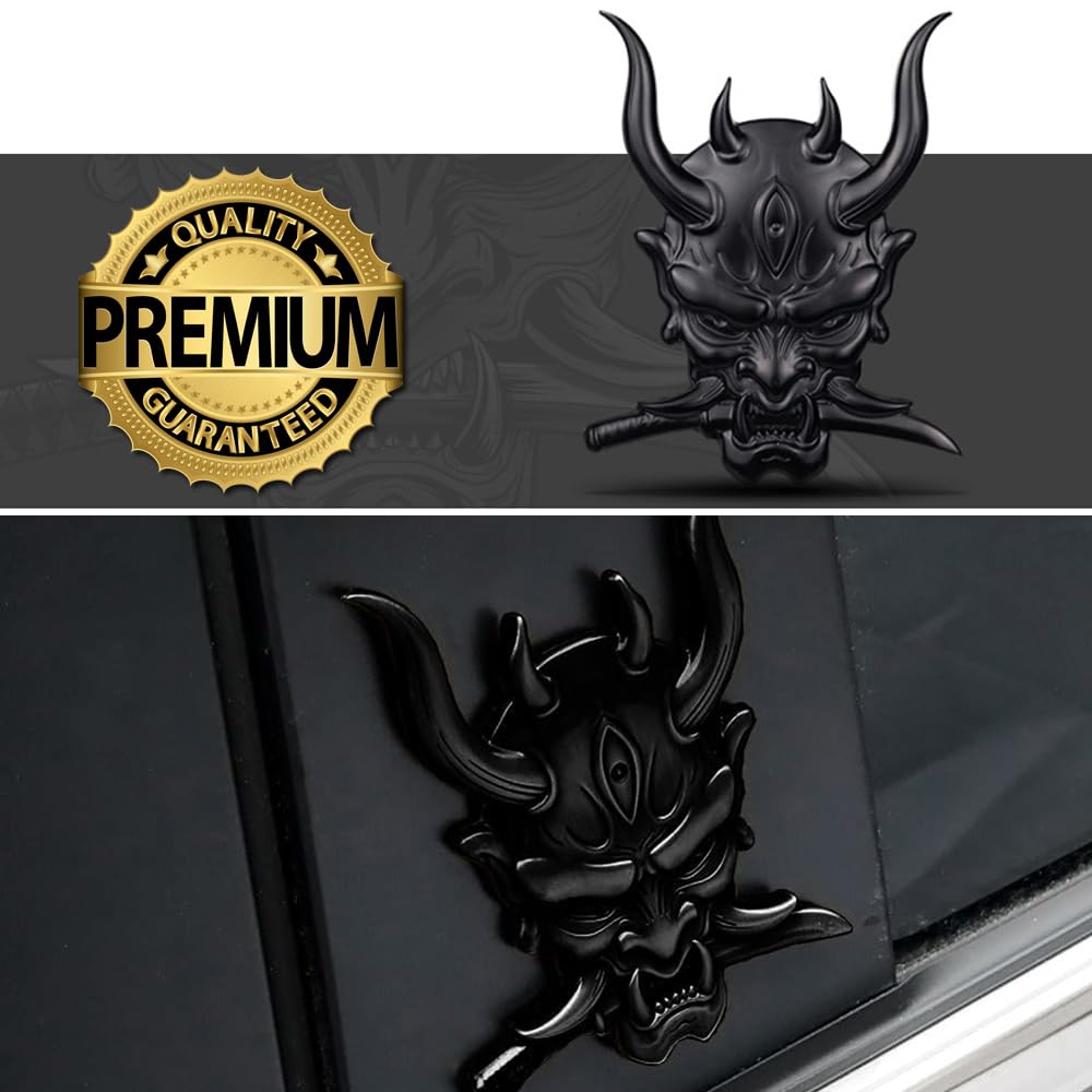 SAVIAURA 3D Samurai Skull Emblem: Japanese Warrior Logo Sticker – Metal Exterior Car Accessory, Black
