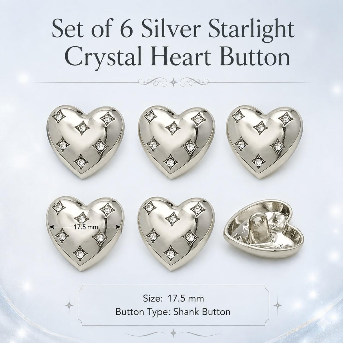 S.A.V.I Heart Shape Shank Buttons Silver Tone 17.5mm Set of 6 | Crystal Studded, for Kurti & Blouse, Decorative Embellishments, Sewing Fasteners, for Women