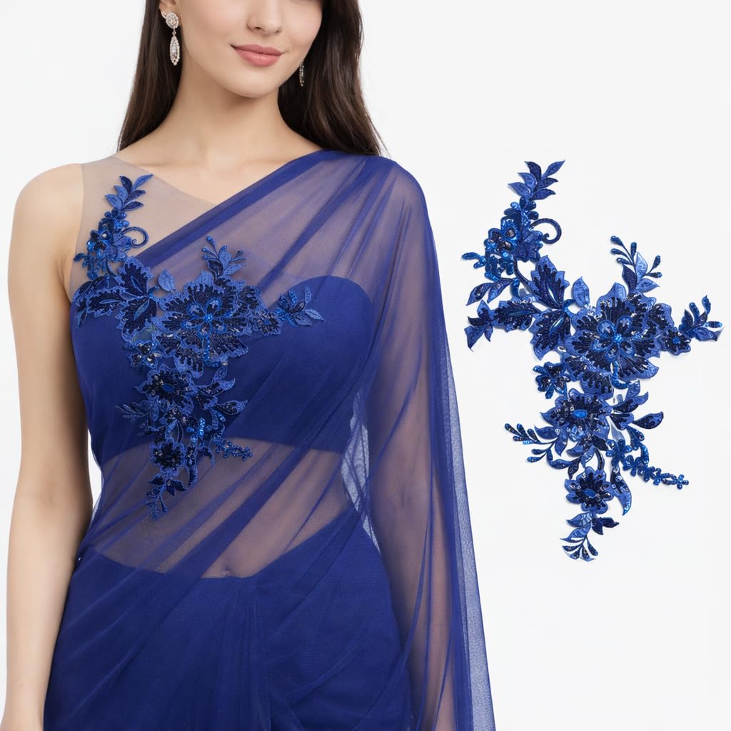 S.A.V.I Blue Floral Sequin Embroidered Appliqué Patch 25x29 cm on Mesh, Asymmetrical Designer Motif, Sew-On Craft Accent for Saree, Gown, Lehenga & Dress DIY (Blue)