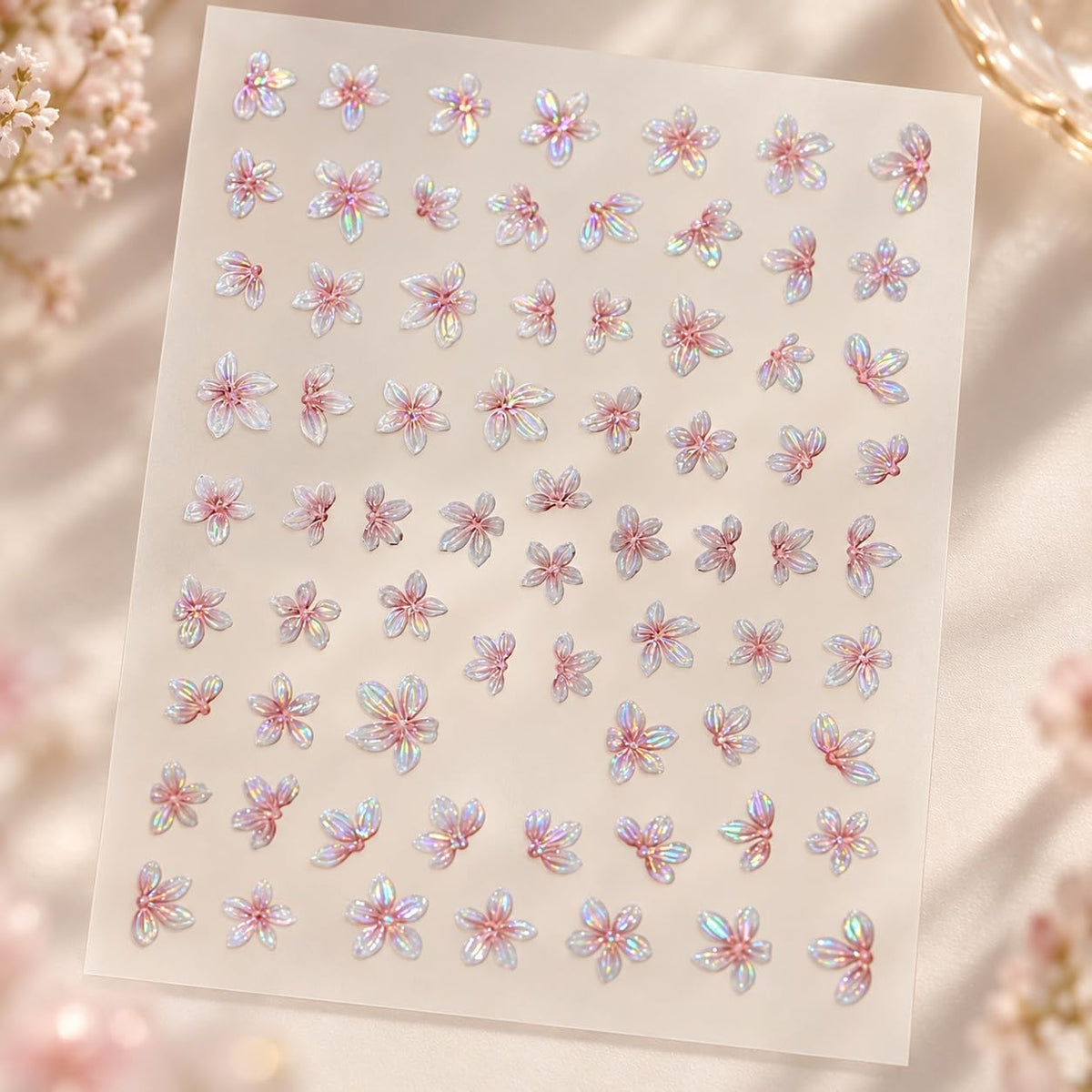 S.A.V.I 3D Nail Art Stickers Self Adhesive Floral Decals, Pack of 3 | Iridescent Pink & Pearl White, 7 x 9 cm, DIY Manicure, Women & Girls, Flower Embellishments