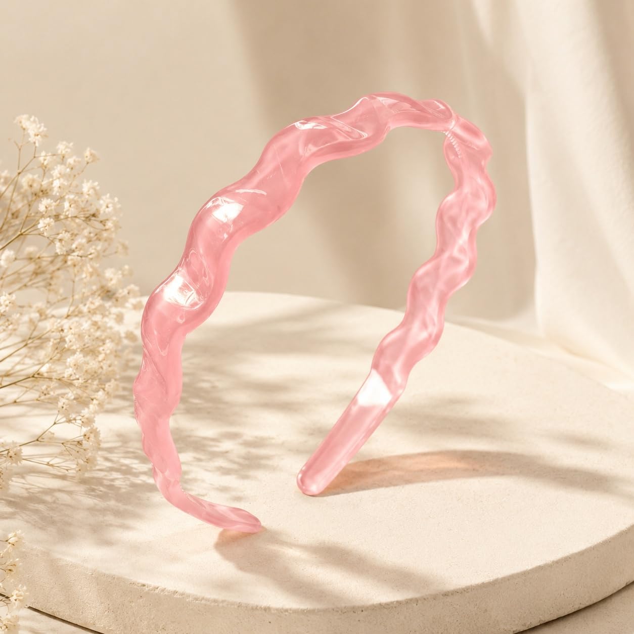 S.A.V.I Wavy Pink Resin Hair Band for Women & Girls 14 cm | Glossy Translucent Finish, Lightweight, Casual & Party, Comfortable Fit, Fashion Accessory