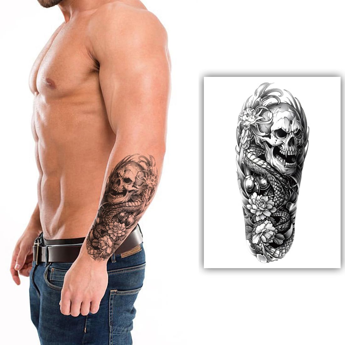 S.A.V.I Skull & Snake Arm Temporary Tattoo Sticker | Black Realistic Half-Sleeve Fake Tattoo for Men | Waterproof Non-Toxic Long-Lasting Removable Body Art | 1 Pc 21 x 11 cm Sheet