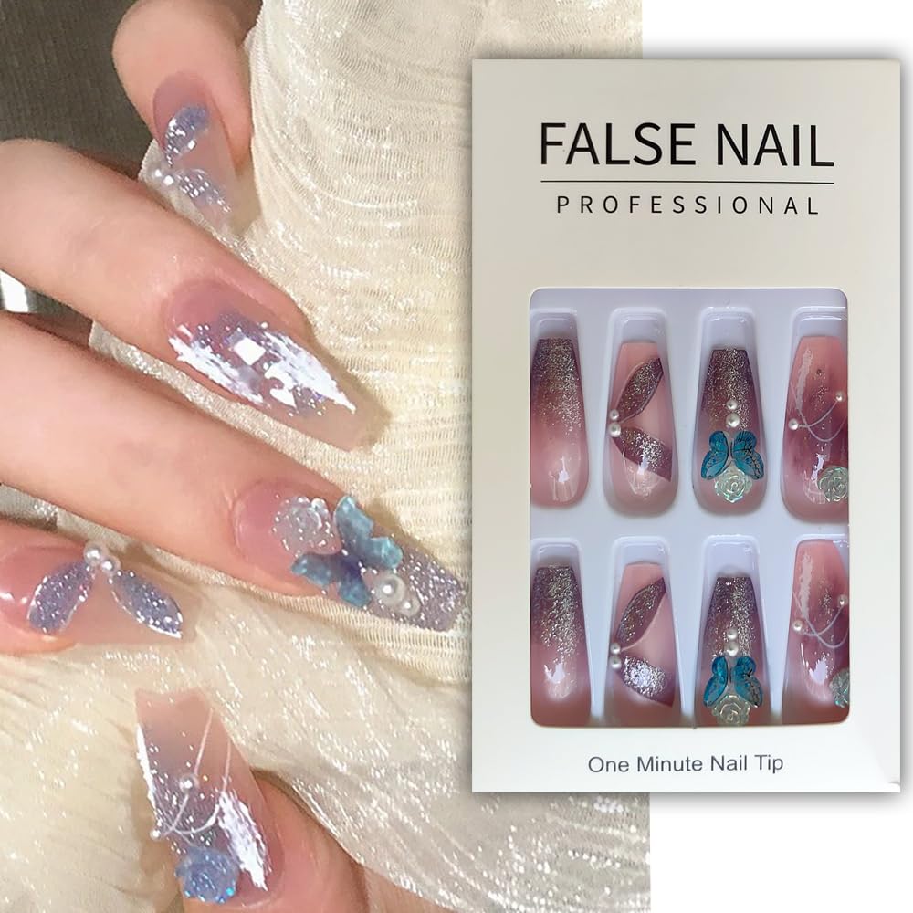 S.A.V.I Blue 3D Butterfly Rose Ribbon Fake Nails - DIY Manicure Kit (24 PCs)