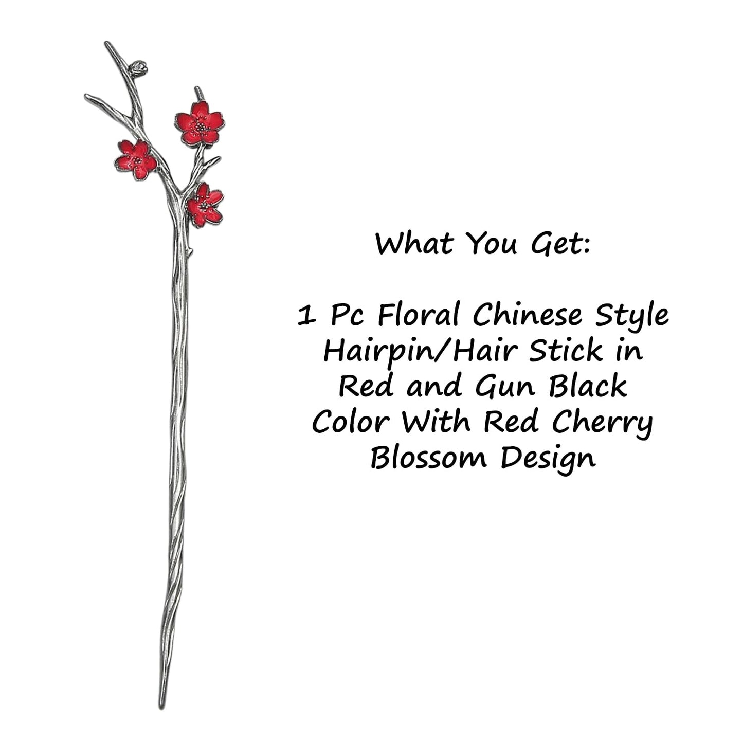 S.A.V.I Floral Chinese Style Hair Stick for Women | Silver Tone Metal Bun Pin with Red Cherry Blossom Design | Handmade 18 cm Hair Accessory for Bridal, Party, Wedding & Ethnic Wear