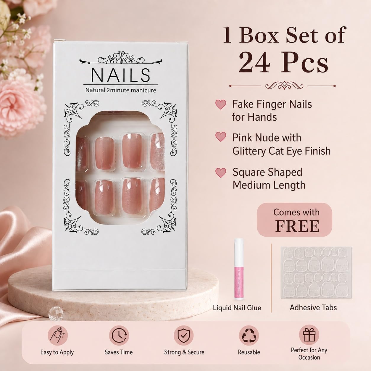 S.A.V.I Press on Nails Pink Nude Cat Eye Medium Square 24 Pcs | Reusable Glossy Artificial Fingernail Set with Glue & Adhesive Tabs, Easy DIY Manicure for Women