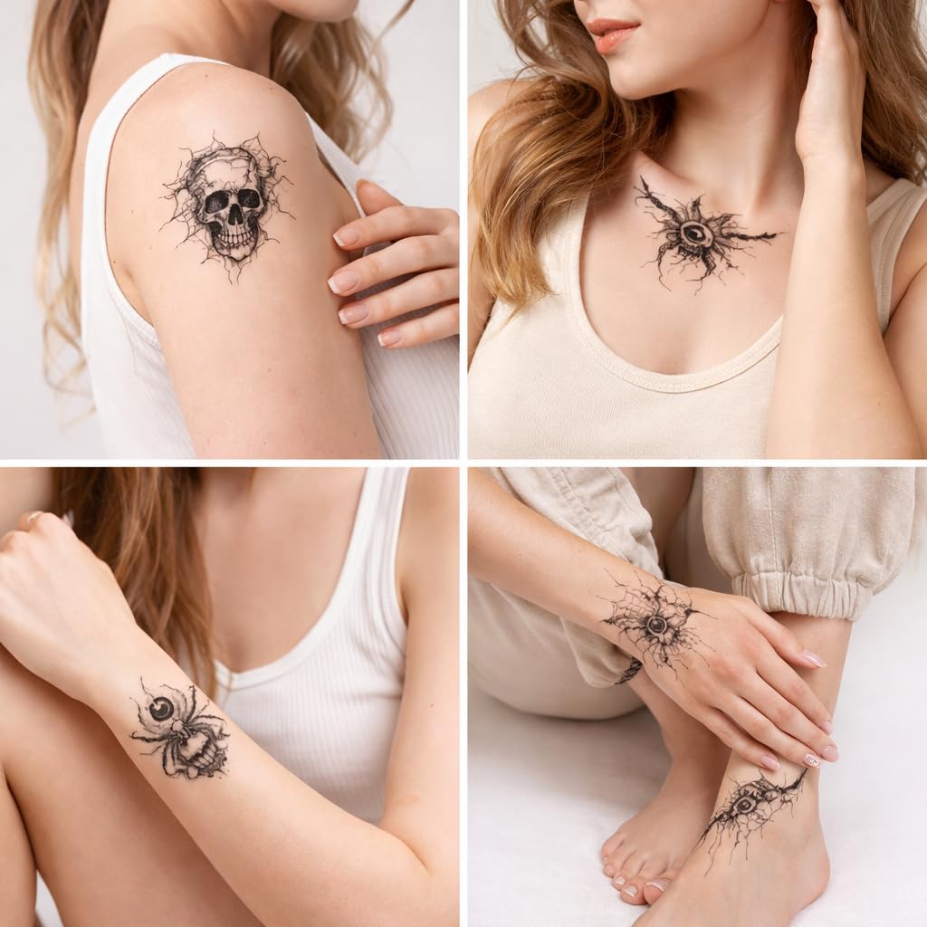 S.A.V.I 30 Sheets Black Spider & Skull Temporary Tattoos (5.7 x 9.7 cm) – Gothic Web, Evil Eye, Horror Body Art Stickers – Waterproof, Non-Toxic Fake Tattoo for Men Women, Wrist Arm Ankle (#317)
