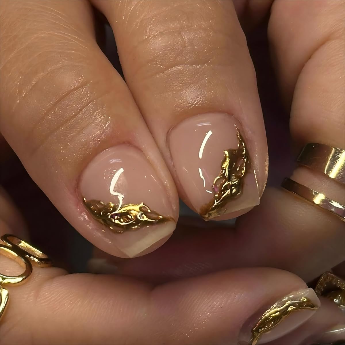 S.A.V.I 24 Pcs Nude & Brown Short Fake Nails with 3D Golden Design | Natural Shape Press On Nails with Glue & Adhesive Tabs | Easy Manicure Nail Art Decoration for Women & Girls