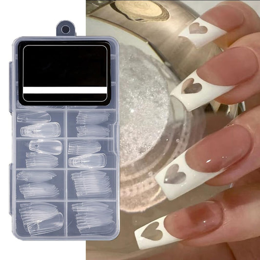 S.A.V.I 120 PCs Long Coffin Shape Nail Tips with Hollow Heart Design - Transparent Acrylic False Nails for DIY Nail Art, Manicure Extension | Durable  Easy to Apply | Professional Salon  Home Use