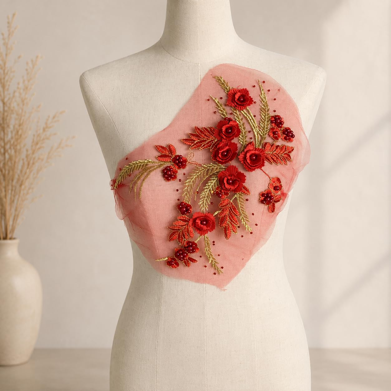 S.A.V.I Floral Embroidery Patch Sew-On Applique Red Gold 34x25cm|DIY Mesh Lace Motif for Kurta, Blouse, Saree, Gown & Dress Neckline, Handcrafted Women’s Garment Embellishment, 1 Pc