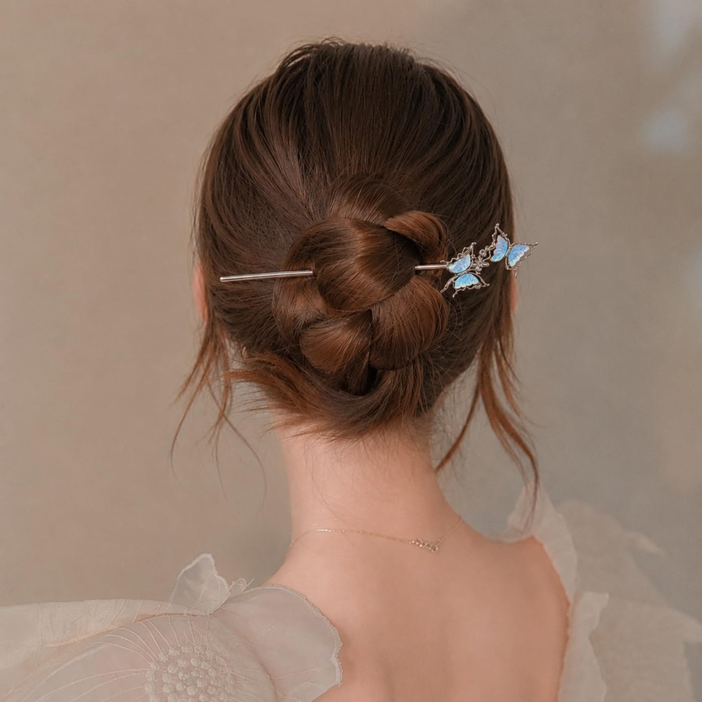 S.A.V.I Moonstone Butterfly Hair Stick Silver Blue 18 cm, Silver-Blue Alloy Bun Accessory, Lightweight, Elegant Updo Holder for Daily, Parties & Festive Looks