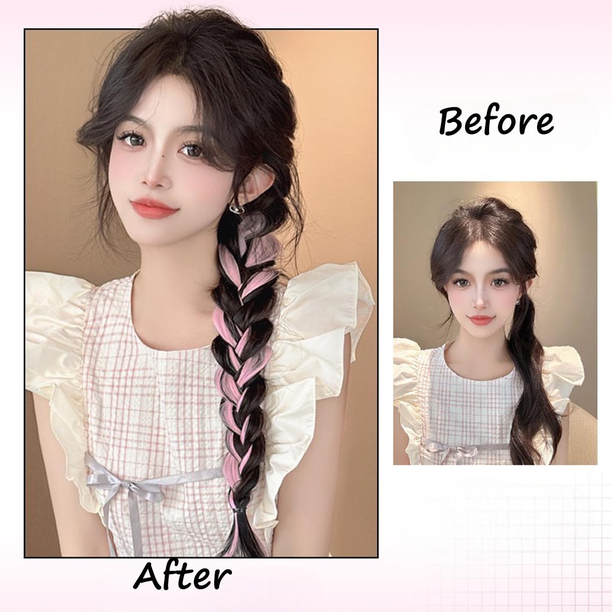 S.A.V.I Black & Pink Highlight Ponytail Hair Extension for Women & Girls | 55 cm Wavy Synthetic Clip-On Hairpiece with Elastic Band | Braiding Pony Tail for Party, Cosplay & Daily Styling
