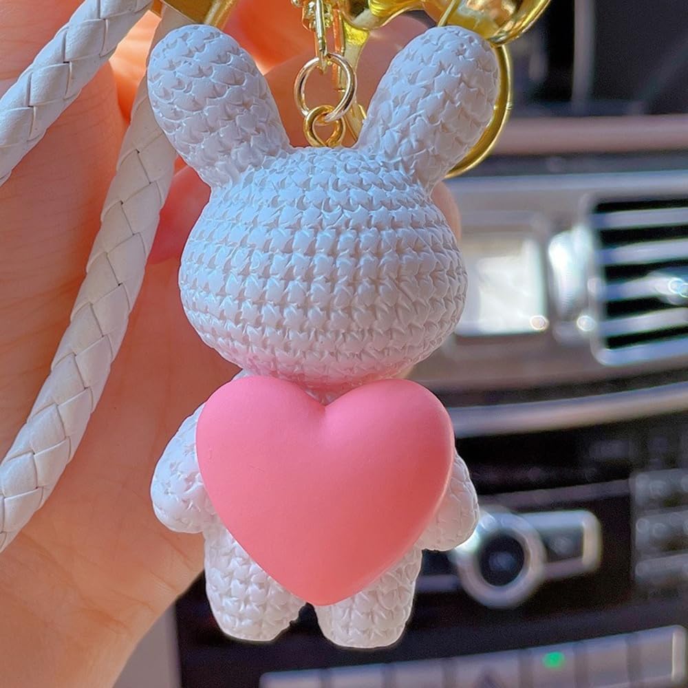 S.A.V.I Resin Rabbit Keychain with Braided Wrist Strap, White Gold | 7 cm Pendant, Pink Heart Accent, Handbag & Backpack Use, for Women & Girls, Braided Wrist Strap