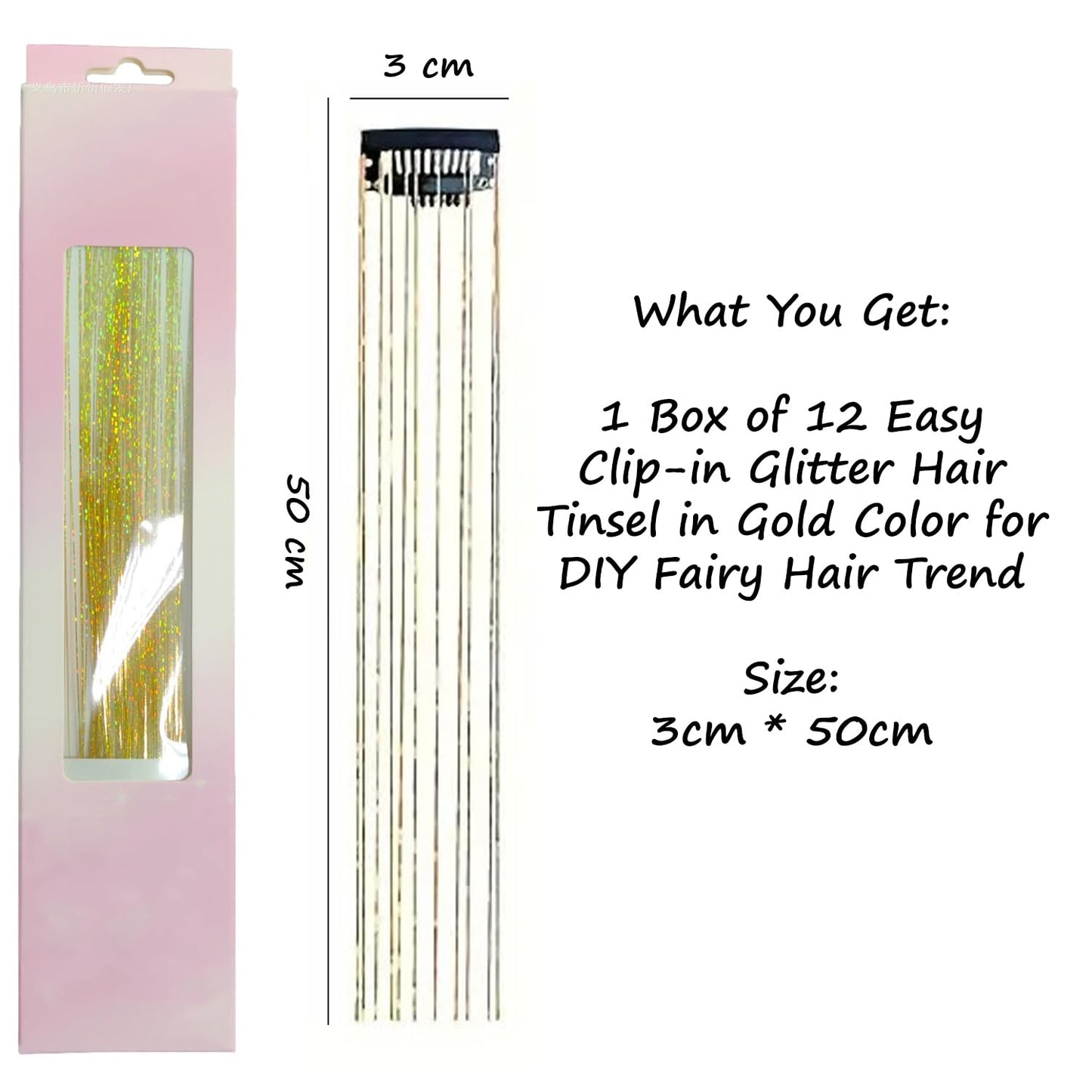 S.A.V.I Gold Clip-In Hair Tinsel Extensions 12 Pcs, 50cm Glitter Fairy Hair Strands, Reusable Synthetic Shimmer Highlights, Metallic Sparkle Hair Accessory for Women, Girls & Party Styling